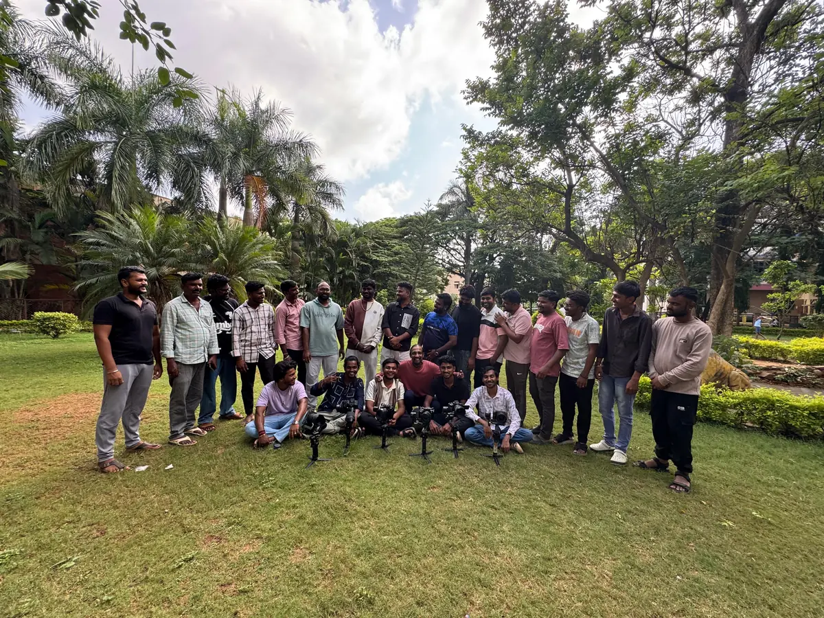 An SVM Photography batch at the Hubballi centre with their gimbals set up on tripods in front of them